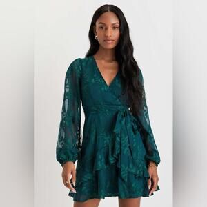 Lulus Inclined To Romance Emerald Green Floral Embroidered Mini Dress NWT
